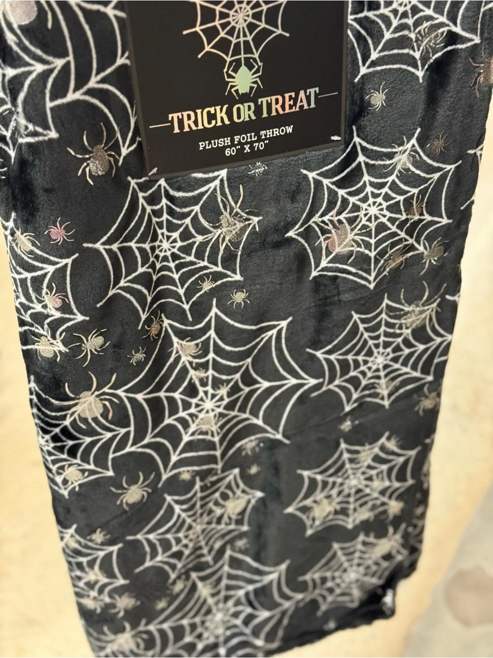 Plush Foil Throw - Black with White Spiderwebs